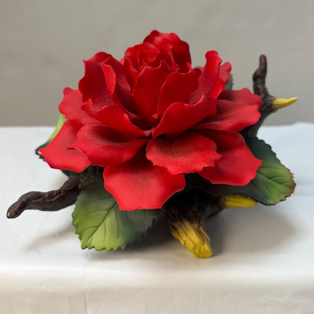 Andrea by Sadek Red Rose Porcelain Figurine on Branch Base Collectible